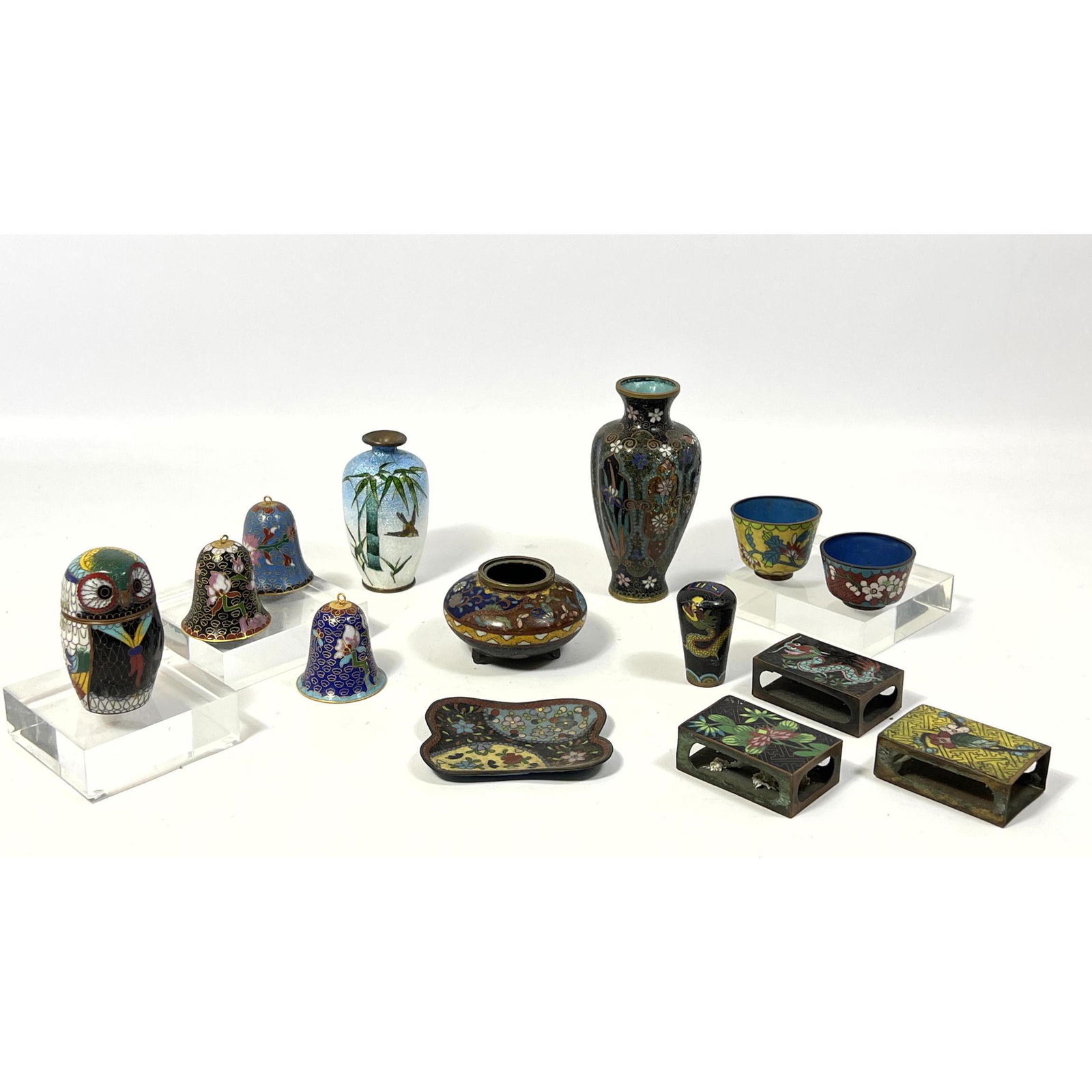 14pc Cloisonne small vases, bells, cane top dish, plates. Most marked China (1 of 19)