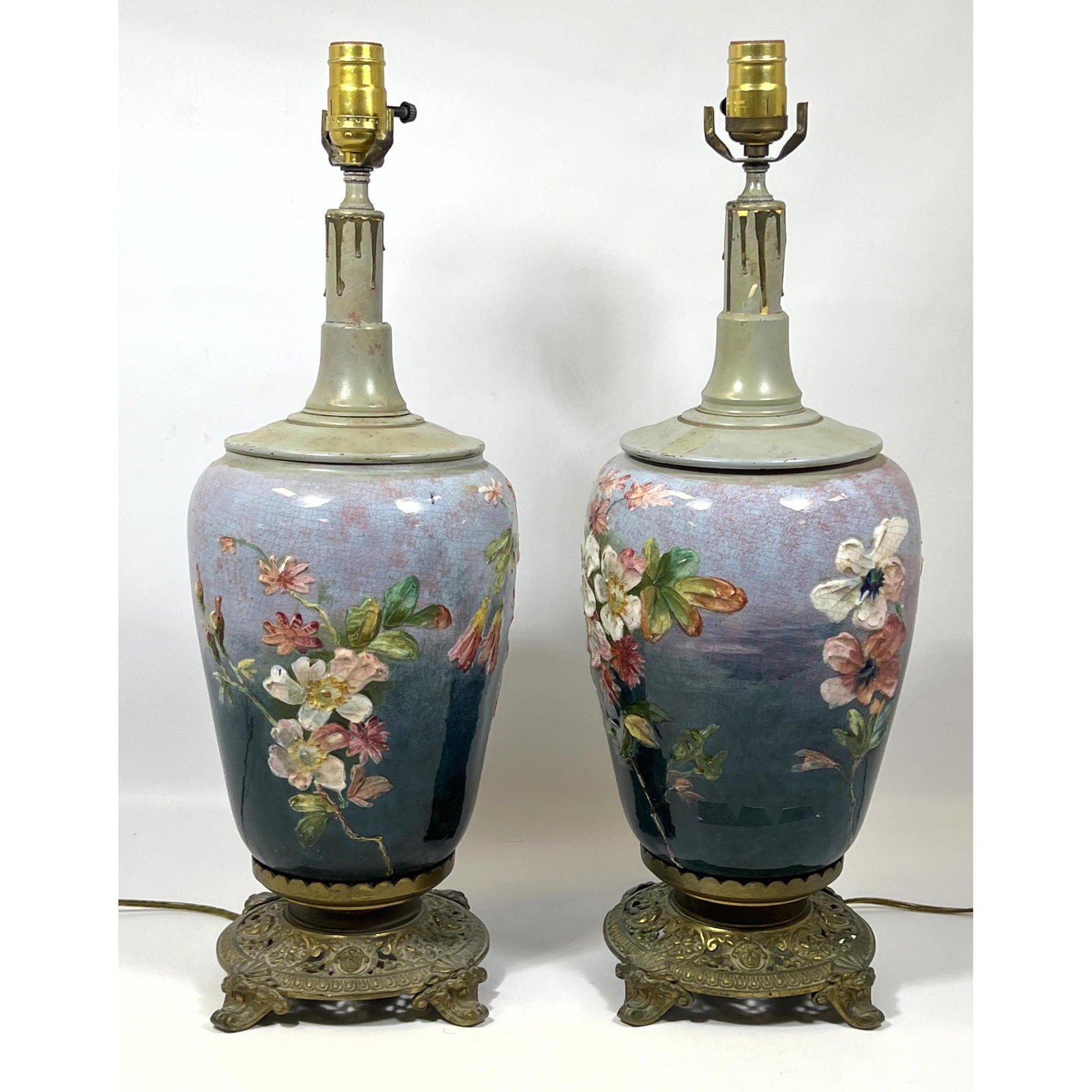 Pr Glazed Pottery Table Lamps. Hand Painted Impasto  Flowers and Stems on Blueish Purple Glazed frim (1 of 8)