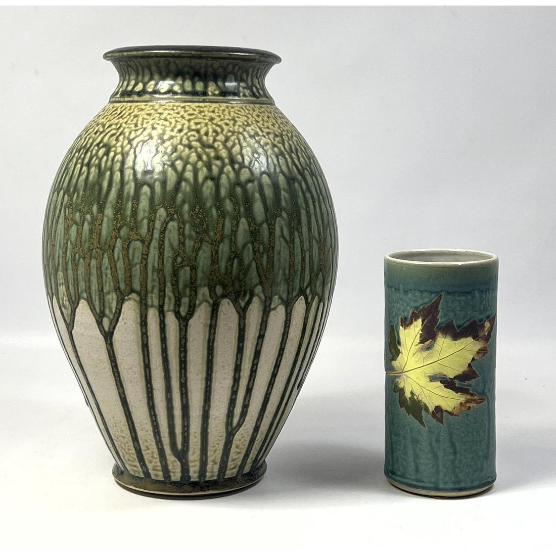 2pc Hand Crafted Studio Pottery Vases. Cream Vessel with green drip glaze signed and dated 2014. Gla (1 of 12)