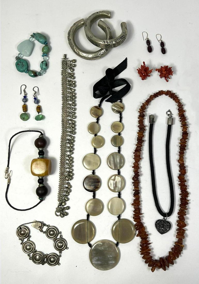 Mixed Jewelry Lot Collection. Mexican sterling silver bracelet. Amber nugget necklaces. Branch coral (1 of 17)
