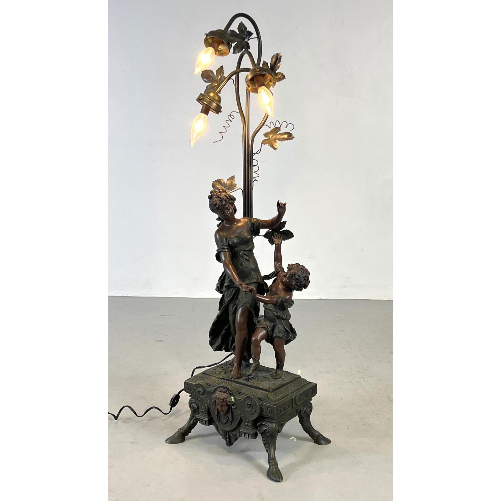Decorative Figural Table Lamp.  Woman and Child Dancing. Base with Cameo Bust and Goat Feet. (1 of 9)