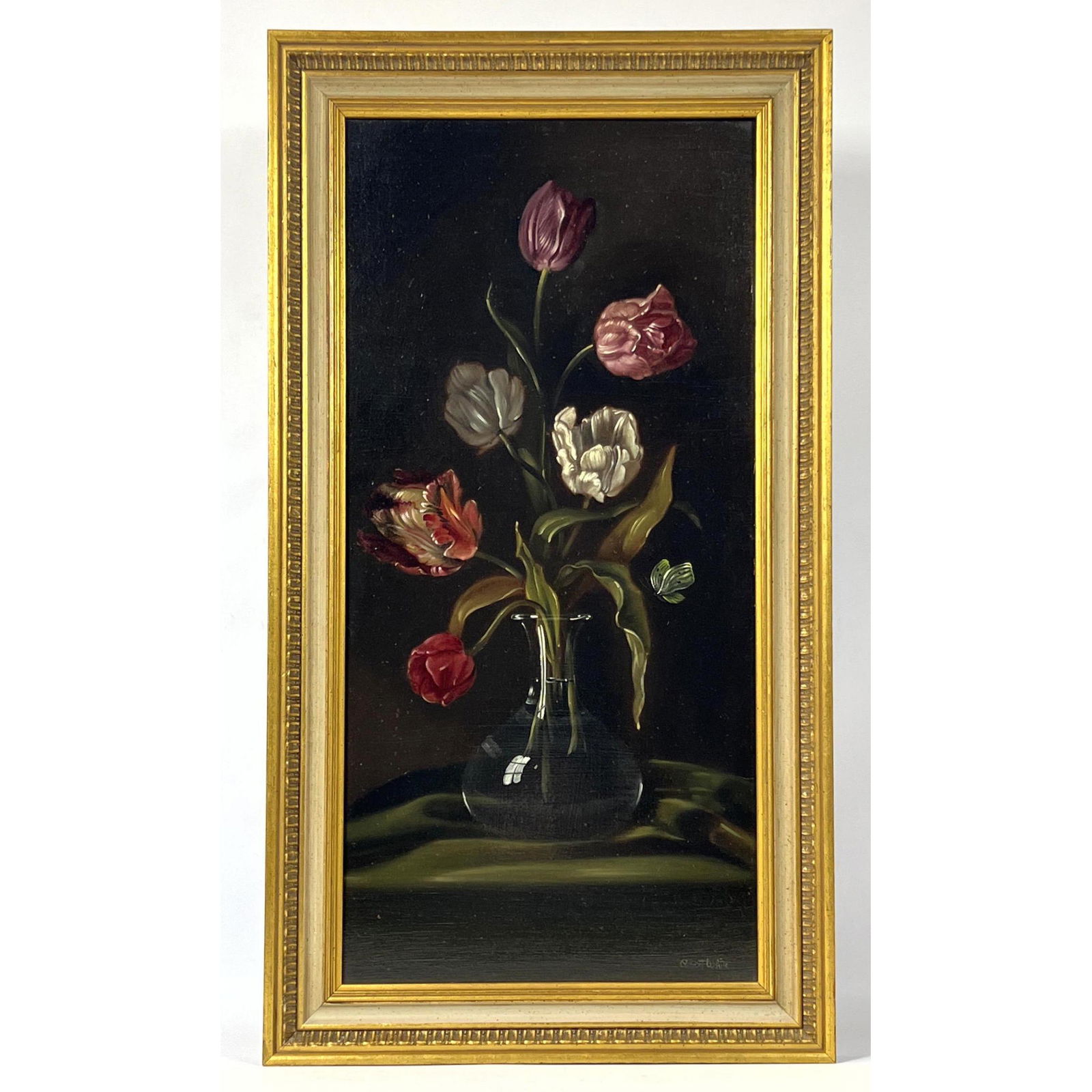 ROBERT WHITE Still Life Painting. Vintage. Colorful Tulips in Glass Vase. Masonite. Signed. (1 of 7)