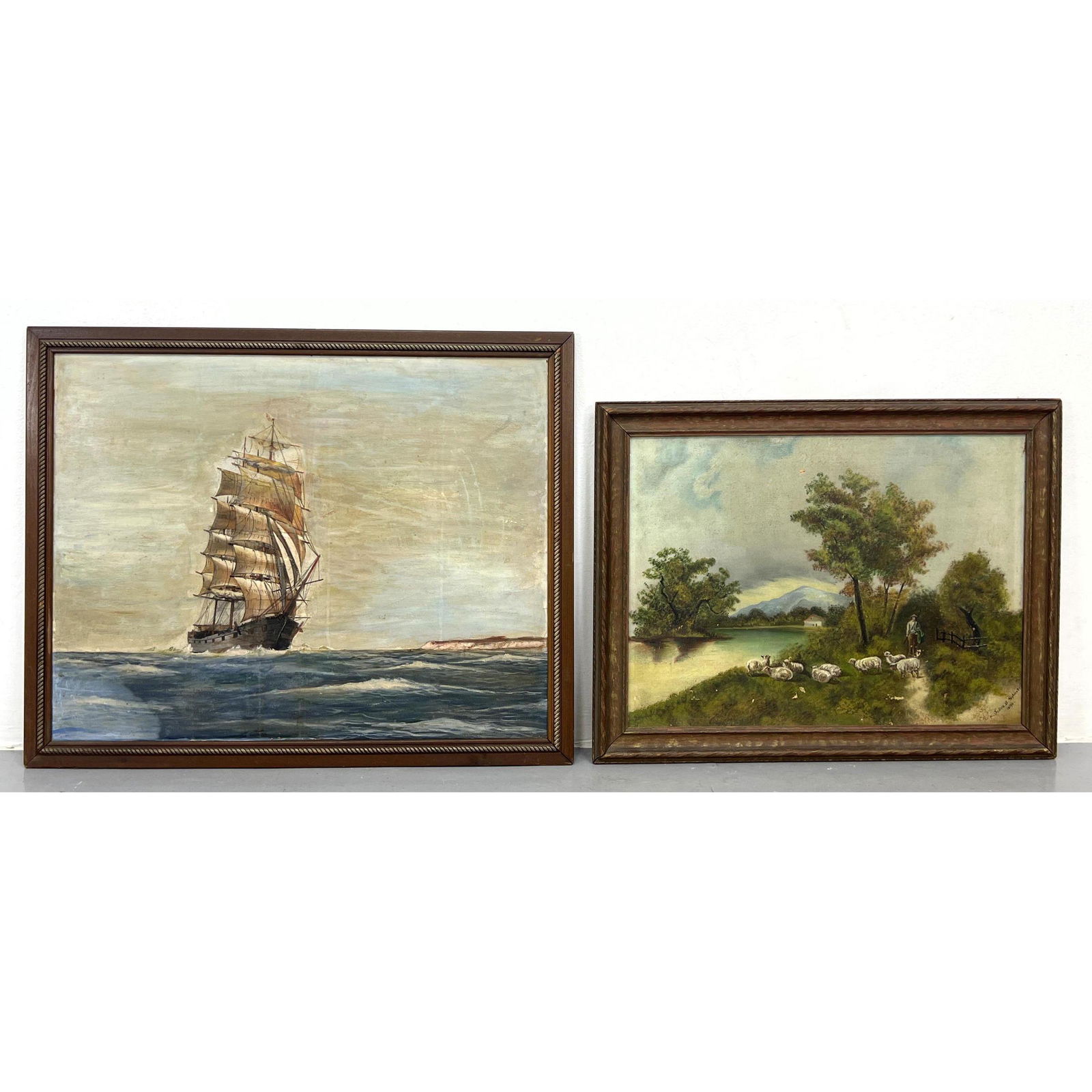 2pc Vintage Paintings. One Marine Painting with multi mast sailing Ship. JAMES B SYLVESTER landscape (1 of 15)