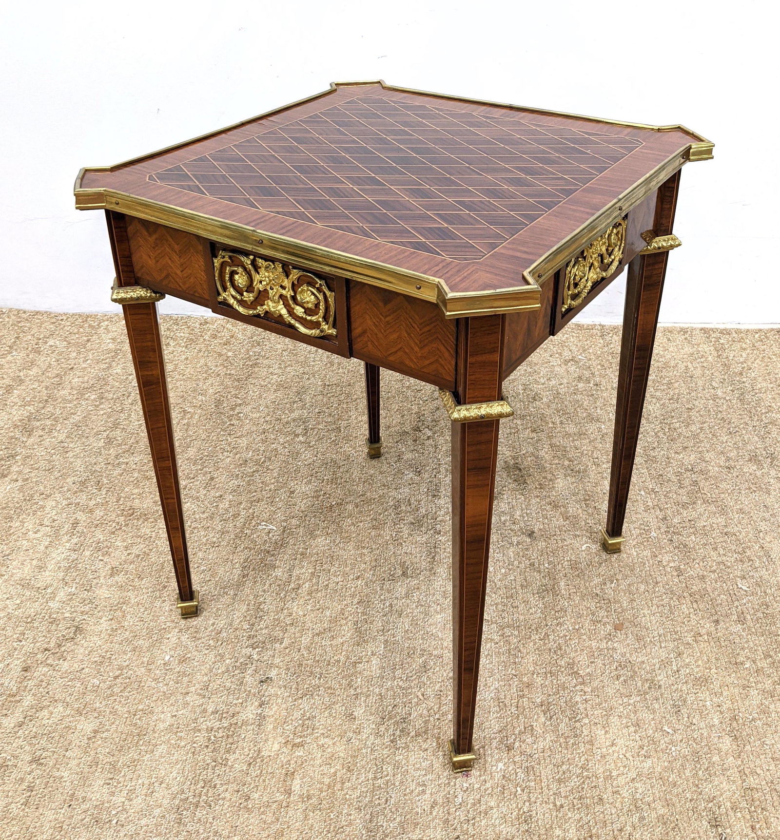 Parquetry Inlaid French style Side Table. Gilt Ormolu Trim Details. (1 of 10)