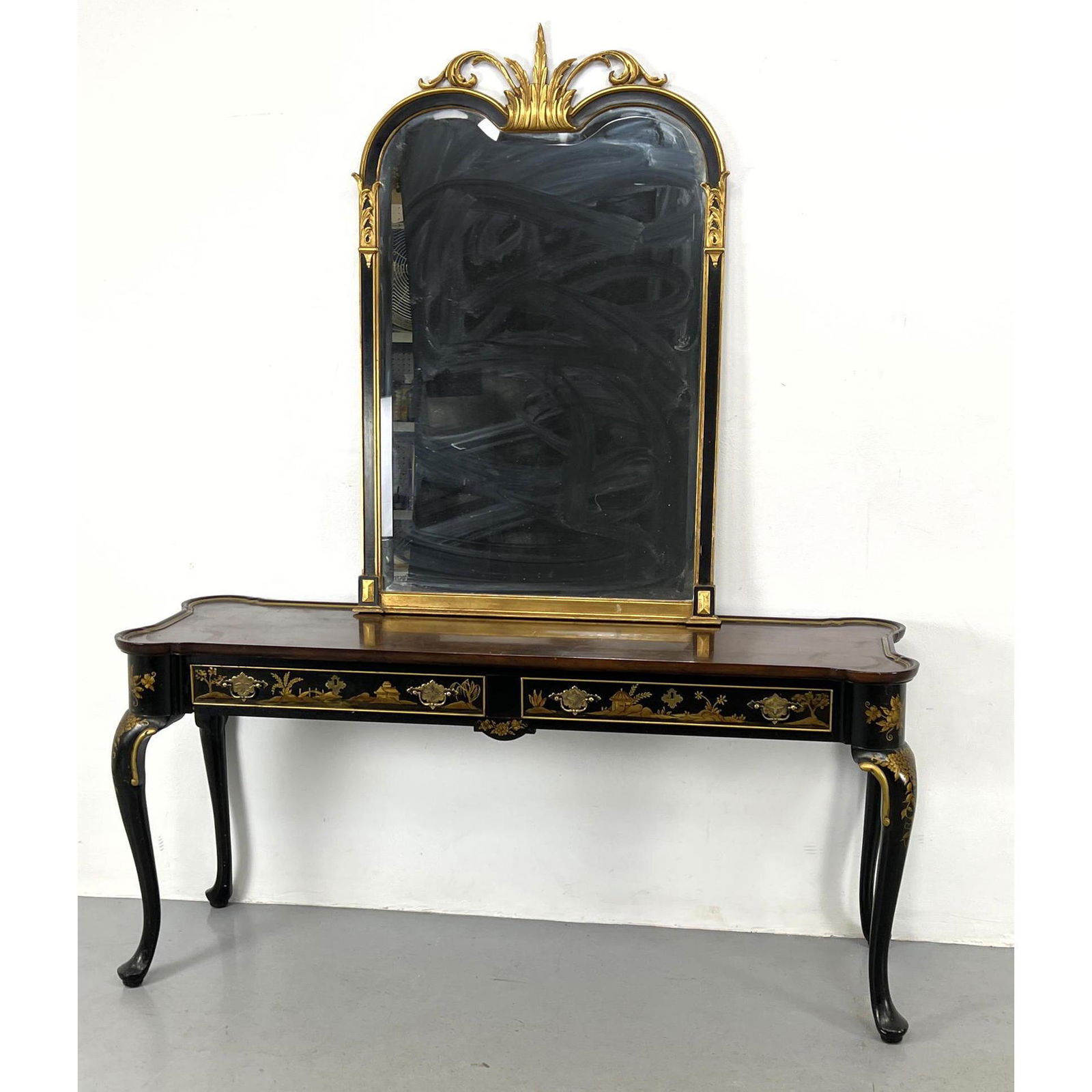 2pc Mahogany console and gilt mirror. Queen Anne. Parquet top. Mirror is 45h x 29 w (1 of 15)