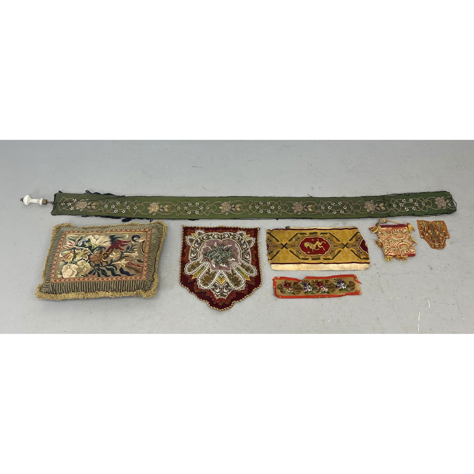 Antique textiles including Aubusson pillow, miscellaneous beaded needlepoint, 18th century appliquŽ (1 of 20)
