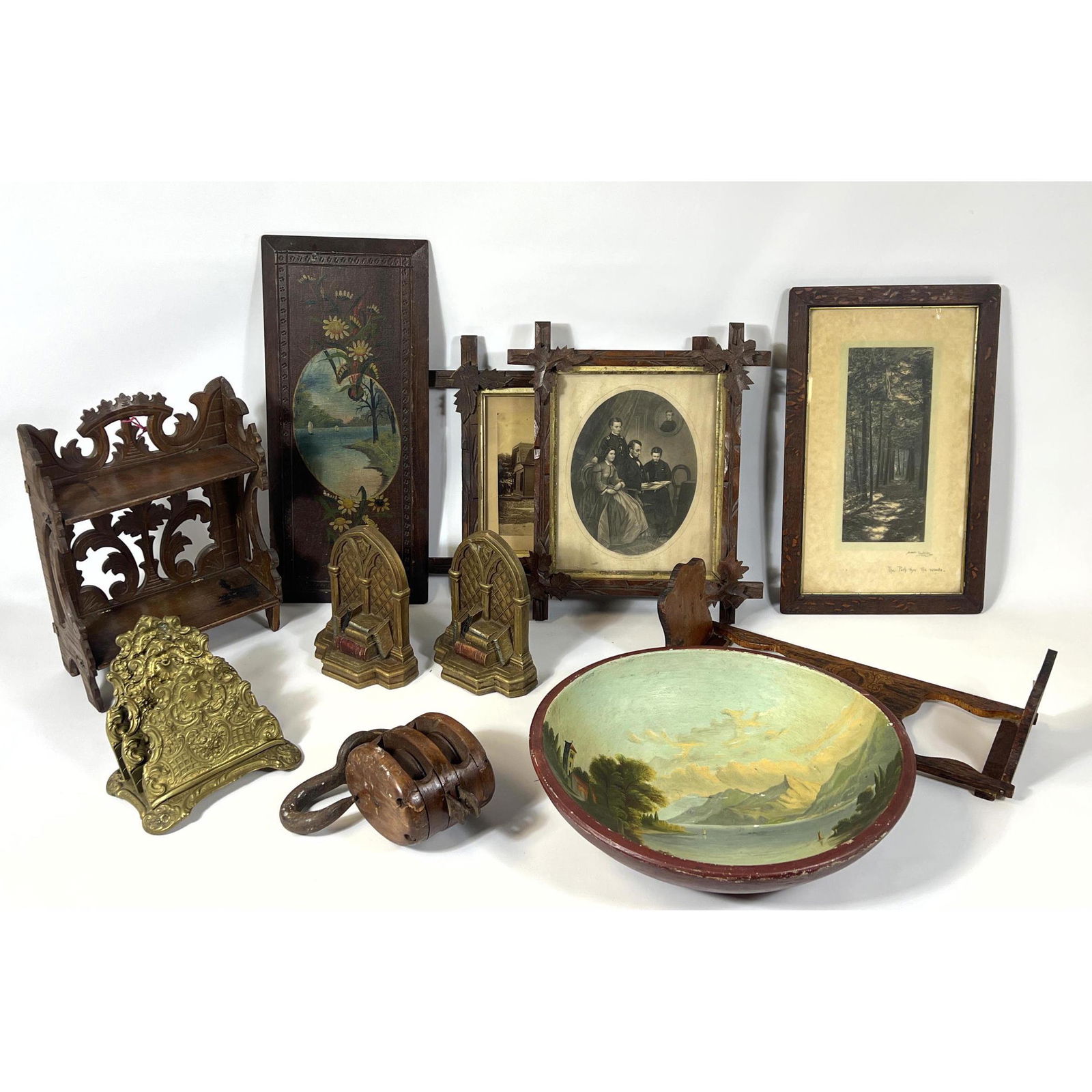Antique Wood Decorative Lot. Wooden Bowl with hand painted landscape scene. Pyrography Bookends. Syr (1 of 20)