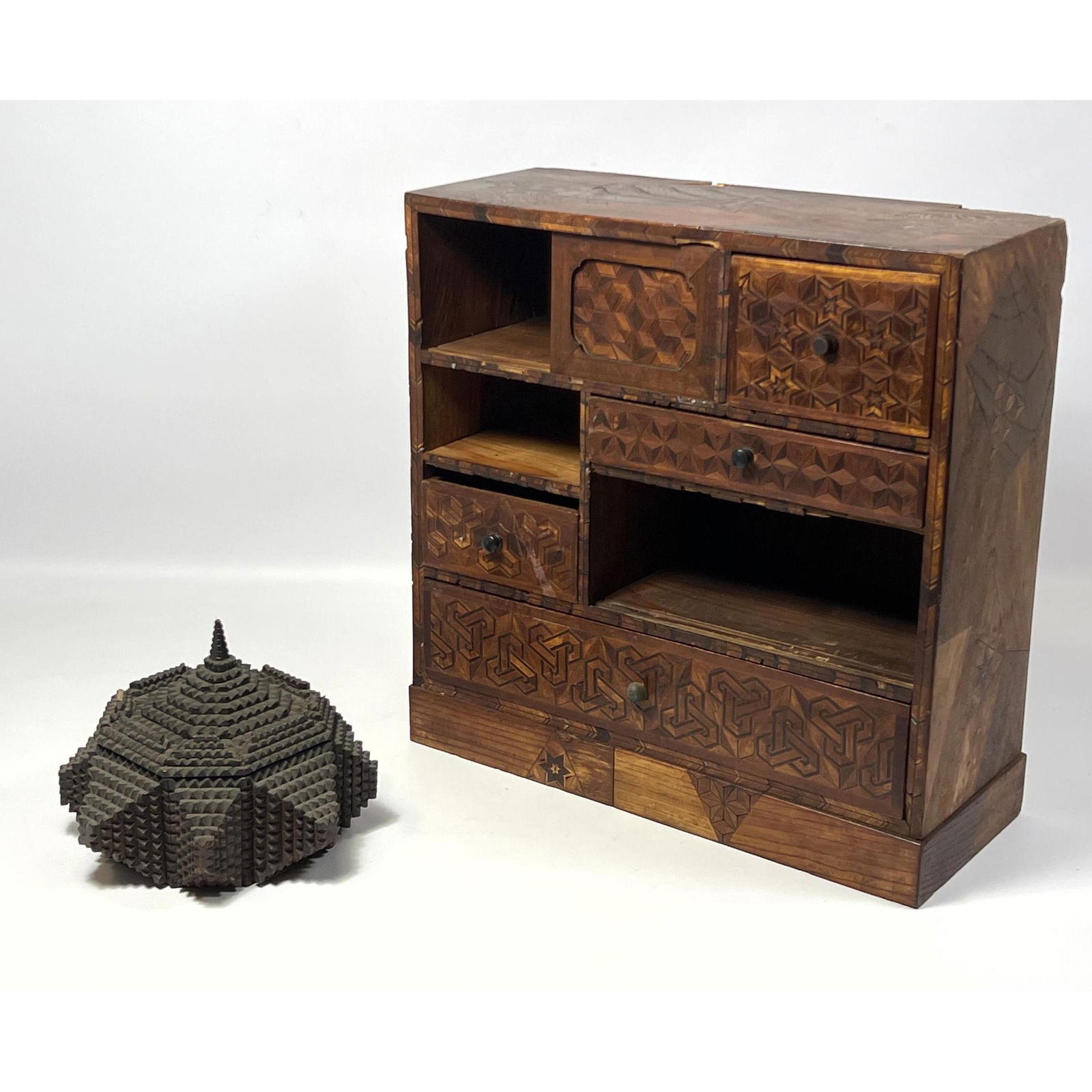 2pc Vintage Craft Boxes. One 8 lobed Tramp Art Box, Lined. One Asian Parquetry Cabinet with multiple (1 of 20)
