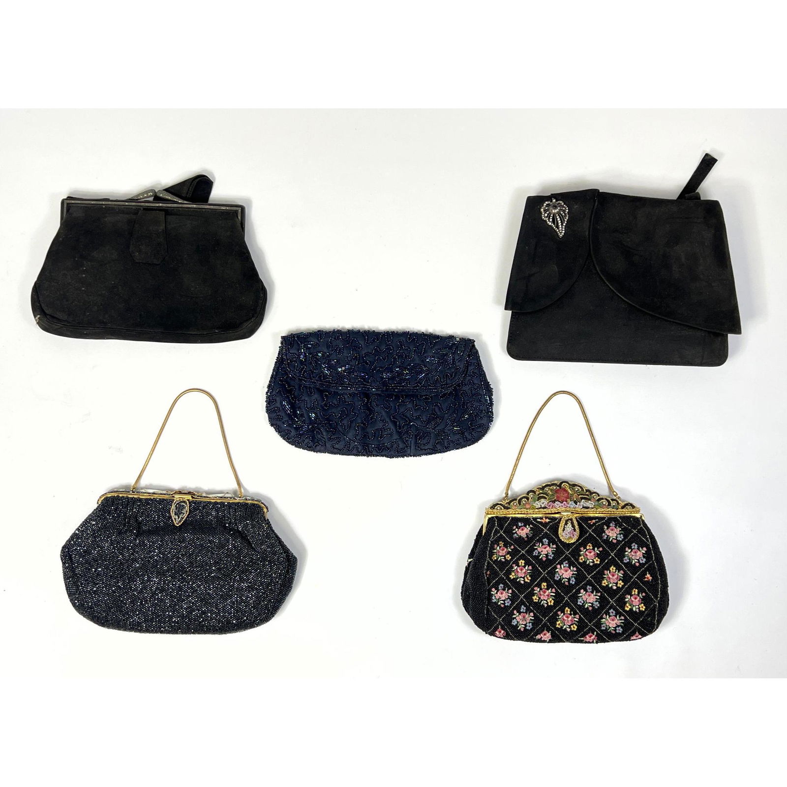 Collection 5 Vintage Evening Bags Purses. Beaded, embroidered and Suede with Art deco rhinestone jew (1 of 17)