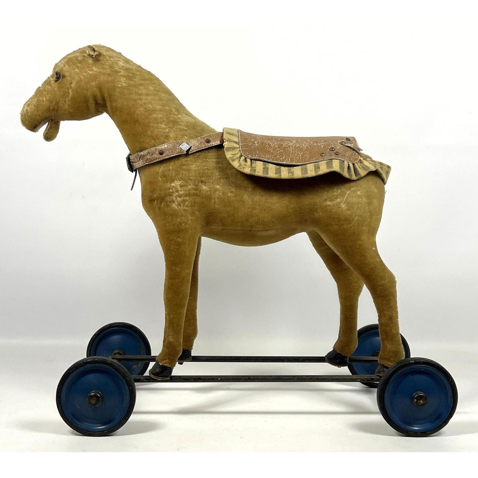 Mohair Child's Riding Horse. Ride on Pull Toy. Metal Wheels. Today should be used as folk art sculpt (1 of 10)