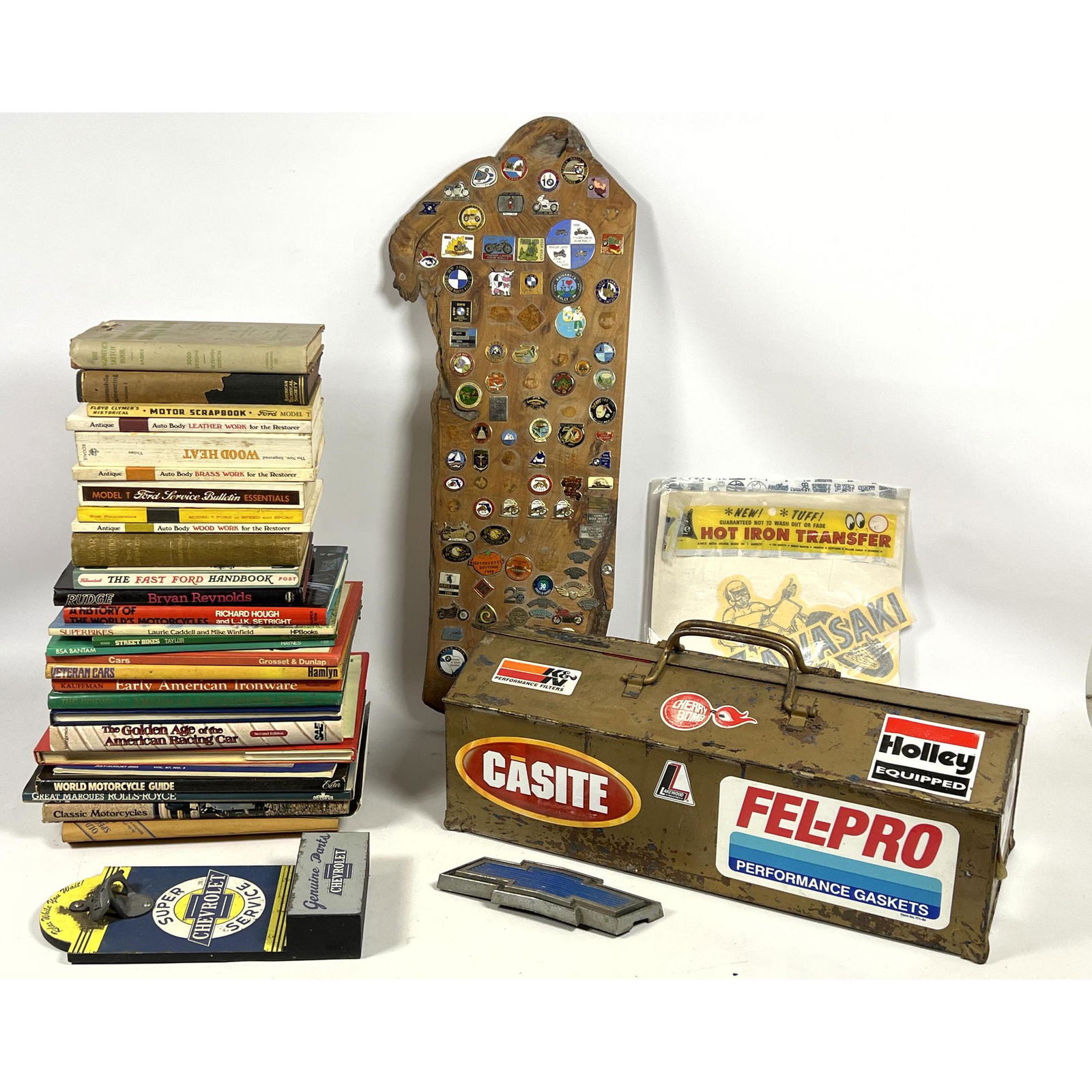 Auo Car Bike Transportation Collection. Wood Plaque with many Enamel Bike Rally Metals and Travel bu (1 of 16)