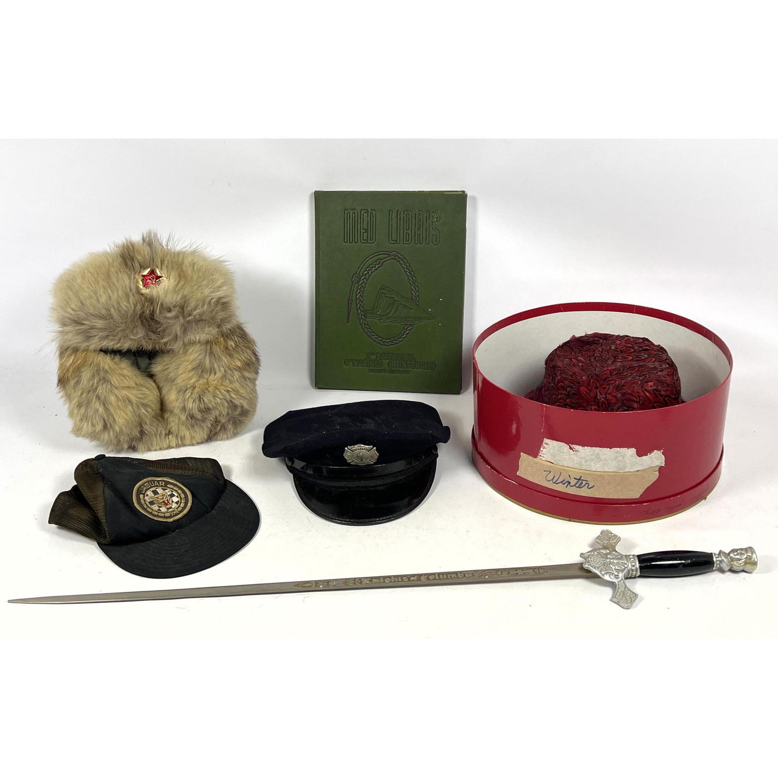 Vintage Lot. Sword, Hats, Firebade on hat, Russian Fur, (1 of 15)