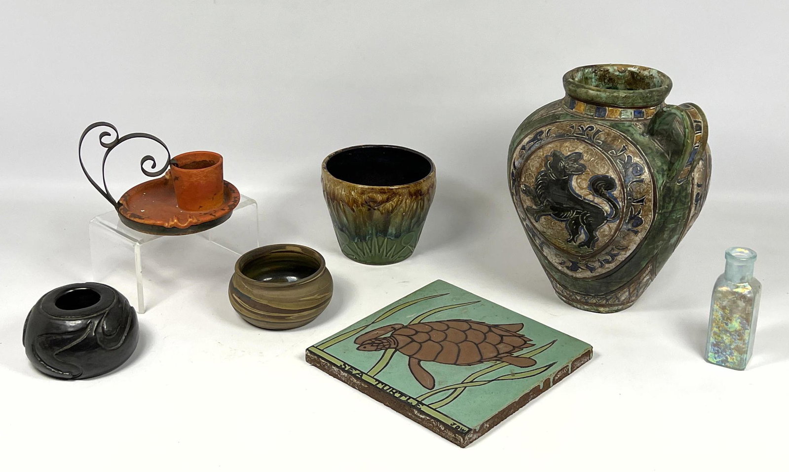 Arts and Crafts Lot. Niloak, Turtle Tile, Carved black bowl, Cowan.: Arts and Crafts Lot. Niloak, Turtle Tile, Carved black bowl, Cowan. ---