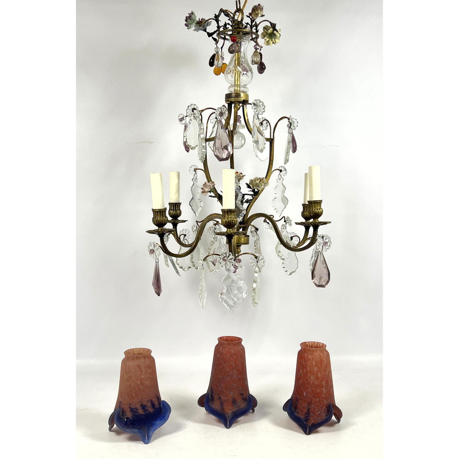 Vintage Lighting Lot. Chandelier with porcelain flowers and crystal prisms. Also, set of three frost (1 of 10)