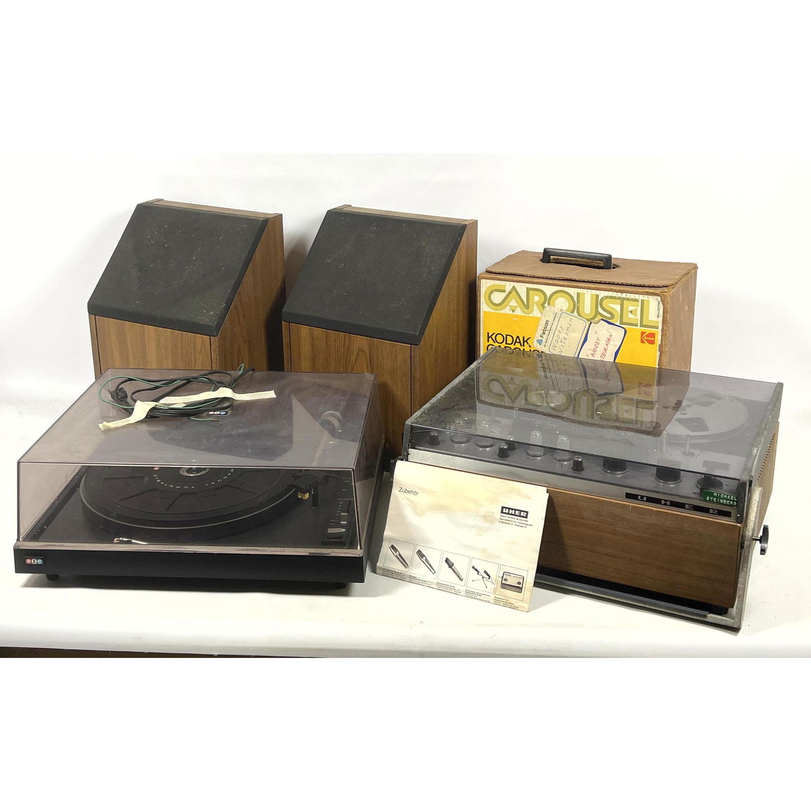 Electronics lot. UHER Reel to reel, BIC turntable, Bose speakers, Kodak Carousel, Mar 14, 2023