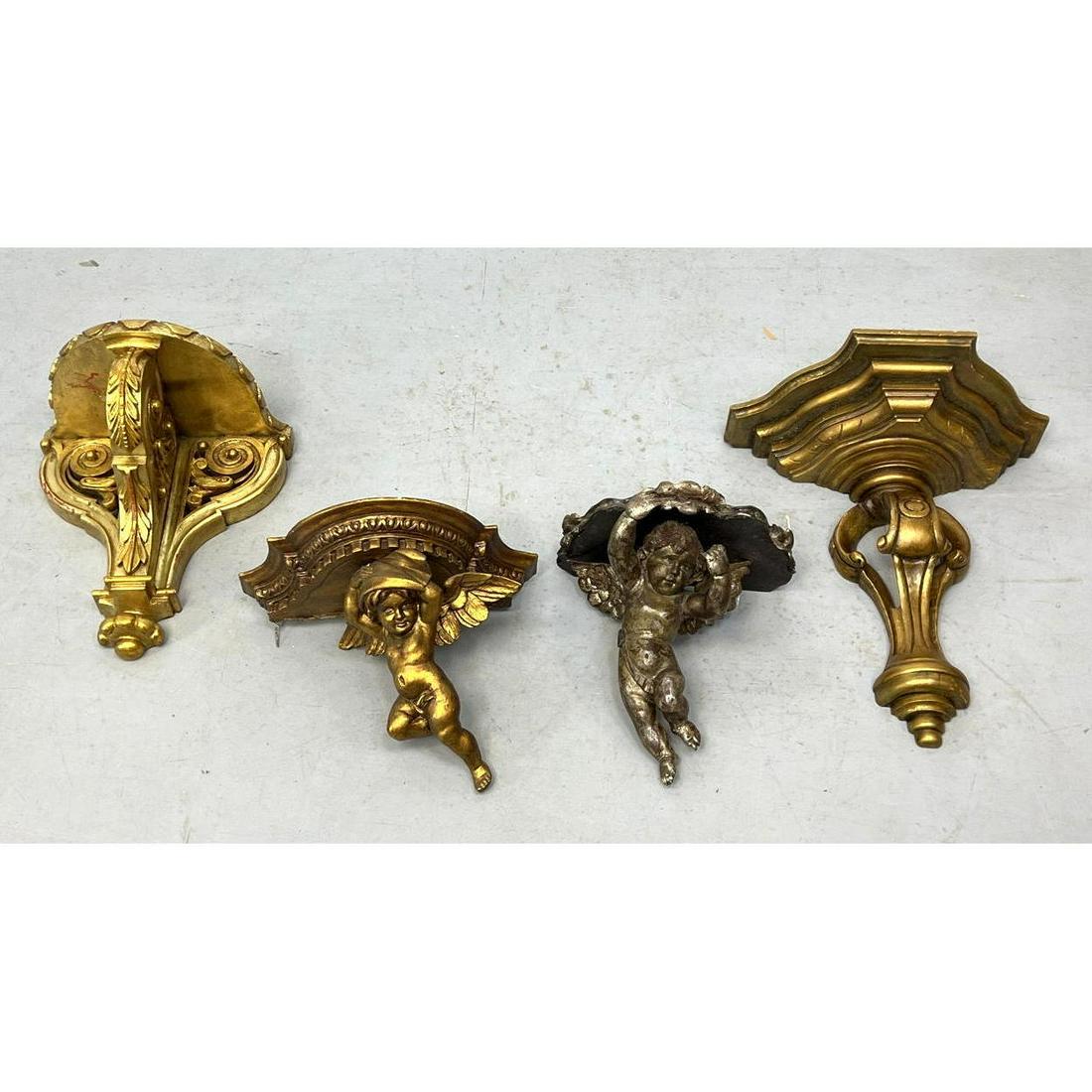 4pc Carved Vintage Wall Brackets. Most gold painted; one has silvered finish. Two have cherubs. All (1 of 10)