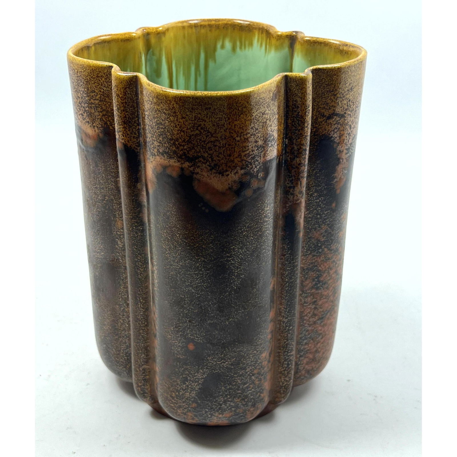 Stangl Art Deco Pottery Vase. Scalloped form. Nice drippy art glaze. Aqua glazed interior. (1 of 8)