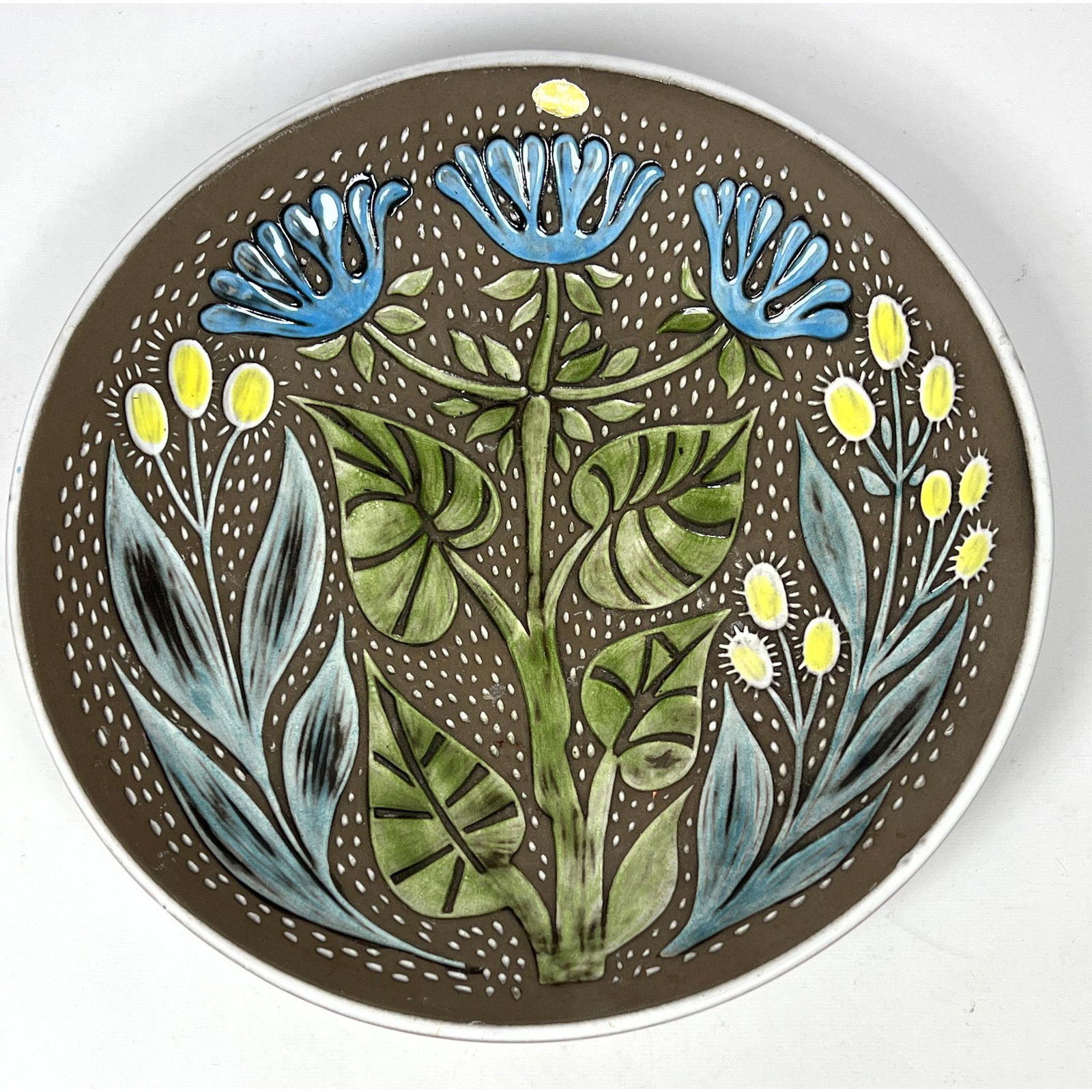 UPSALA EKEBY Large Swedish Pottery Charger, Bowl. Glazed Floral design. Marked. Foil Label.: UPSALA EKEBY Large Swedish Pottery Charger, Bowl. Glazed Floral design. Marked. Foil Label. Dimensions: H: 2.5 inches: W: 13 inches: D: 13 inches --- US Shipping charge: $50 Plus insurance at a rate o