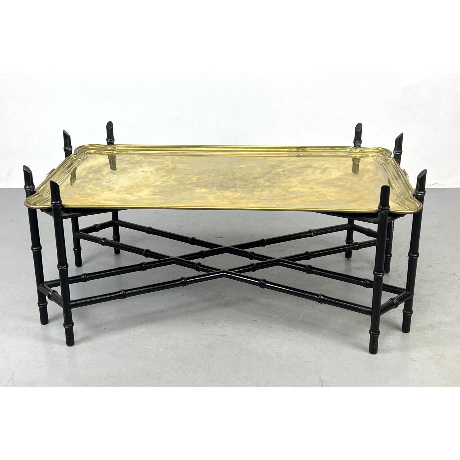 Baker style Brass Tray Top Table. Ebonized Faux Bamboo Base. Large Heavy Brass Tray. (1 of 11)