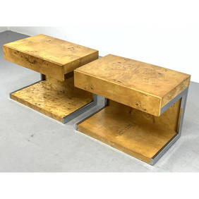 Pr Burl Maple Side Tables Night Stands. Modernist One Drawer Forms with Chrome Side Trim. Milo Baugh (1 of 13)