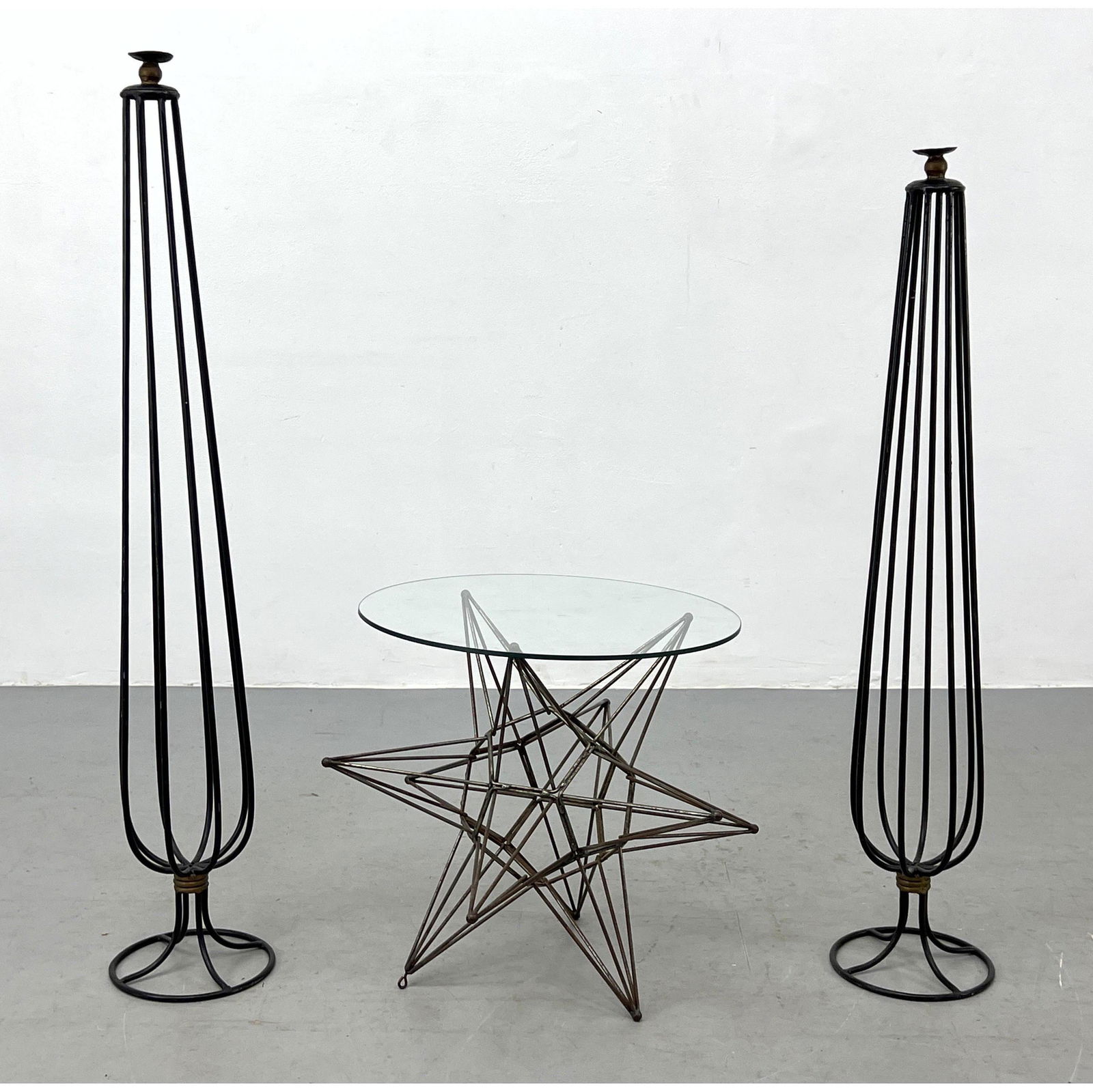 3pcs Decorative Metal Objects. Pair Royere style wire high candle holder and metal star end table (1 of 12)