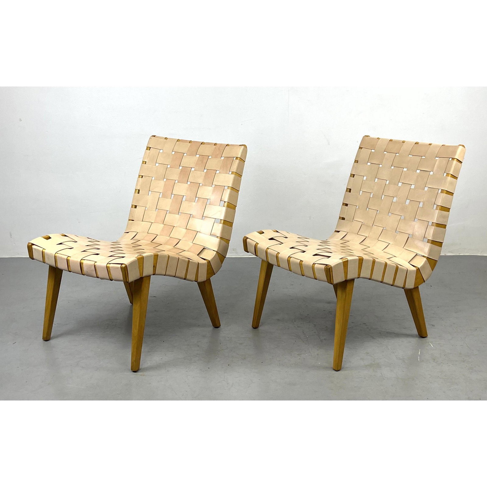 Pr. Jens Risom Style Leather Webbed Chairs. Unmarked (1 of 7)