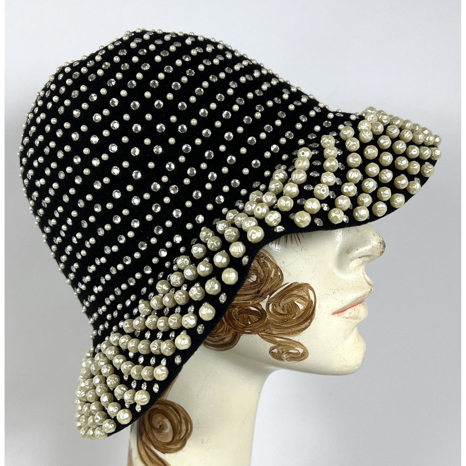 Vintage Adolfo Designer Hat with Faux pearl and Rhinestone Details. SAKS Fifth Ave Box. ((Head form (1 of 8)