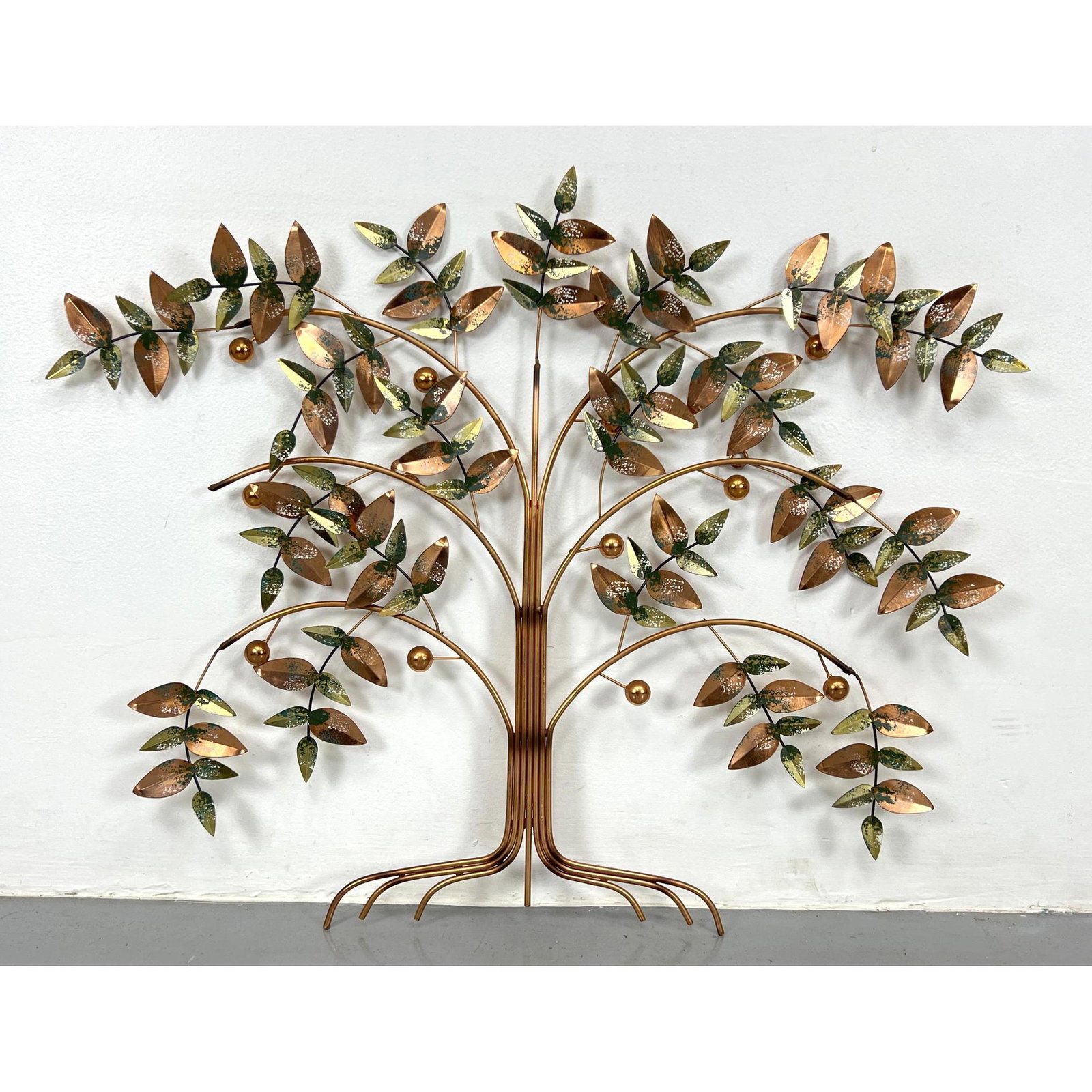 Mixed Metal Modernist Tree Wall Sculpture. Trunk with leaves and berries. Some have sponge paint fin (1 of 6)