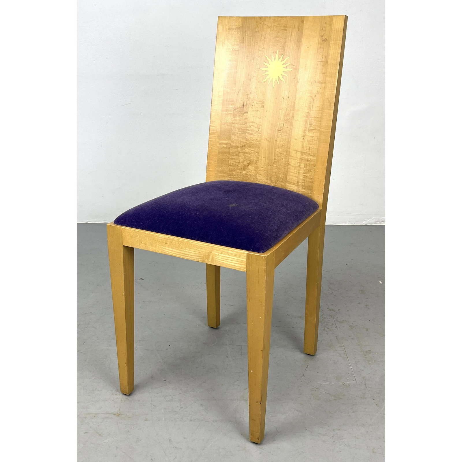 PATRICK NAGGAR "Day" Side Chair. Clean Minimalist lines. Gilt Painted Sun on Backrest. Purple Velvet: PATRICK NAGGAR "Day" Side Chair. Clean Minimalist lines. Gilt Painted Sun on Backrest. Purple Velvet Seat. Branded mark. Dimensions: H: 36 inches: W: 16 inches: D: 19 inches - Seat Height: 19 inches -