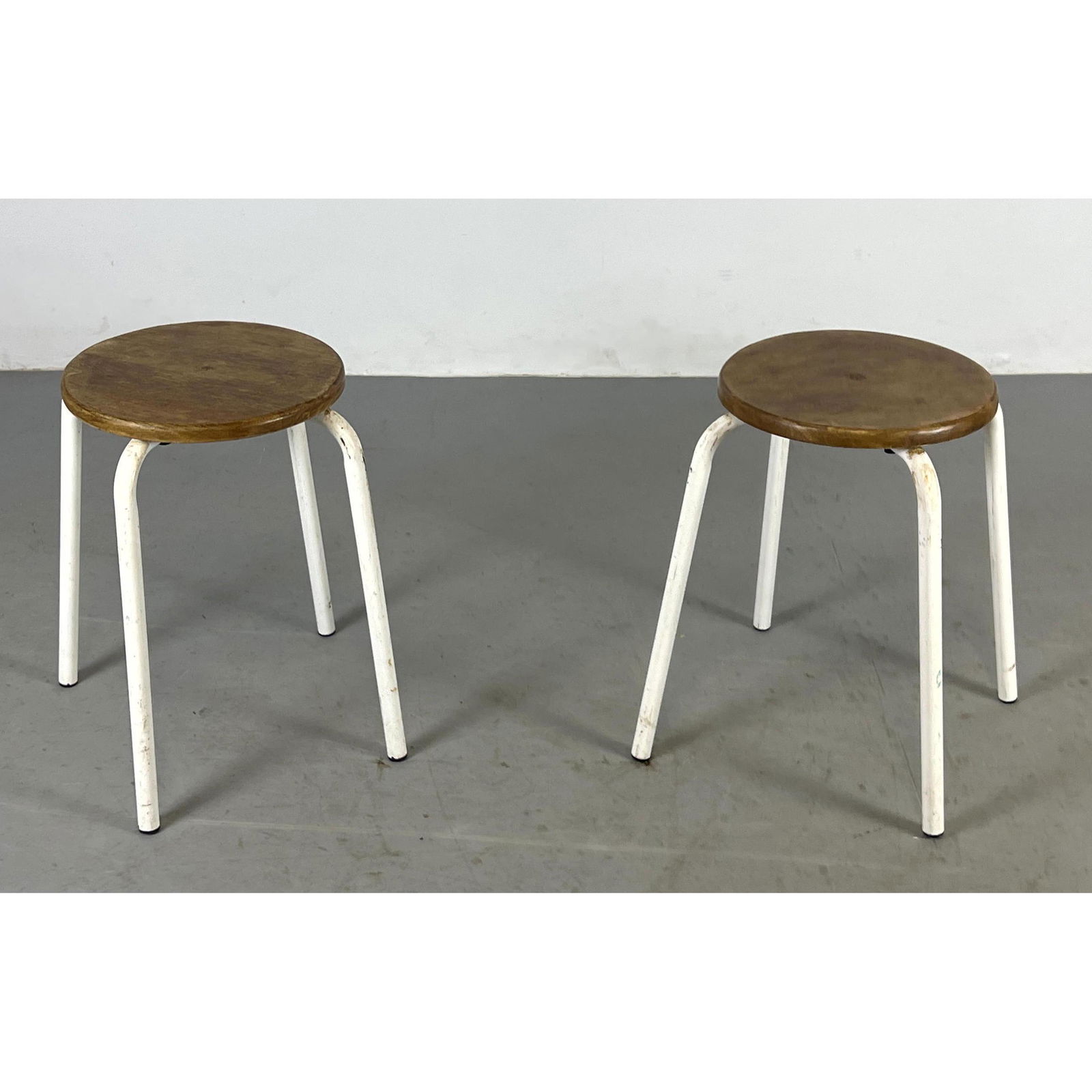 Pair Jean Prouve style metal and wood stools (1 of 6)