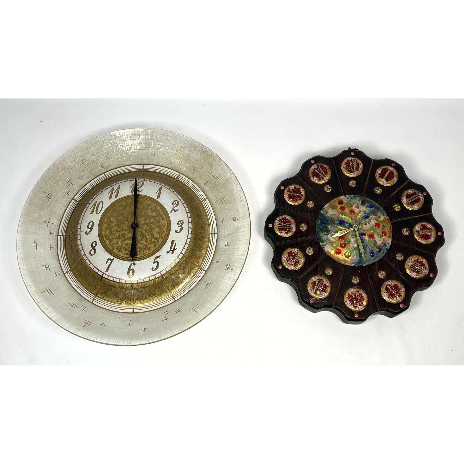 2pc Modernist Wall Clocks. 1) Scalloped Wood Base with Enameled Numbers and Face. 2) GE GENERAL ELEC (1 of 13)