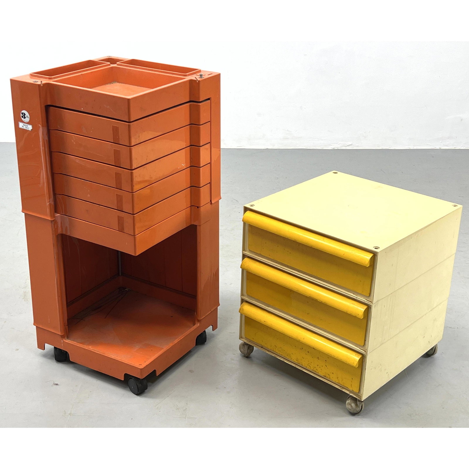 2pc Italian Plastic Rolling Storage Cabinets. BIETTE PADOVA Orange Cabinet. Cream Cabinet with Yello (1 of 14)