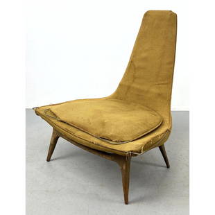 Karpen Of California Lounge Chair. Unusual Silhouette with Tapered Tall Back and Broad Flared Seat.: Karpen Of California Lounge Chair. Unusual Silhouette with Tapered Tall Back and Broad Flared Seat. Wood Legs and Frame. Dimensions: H: 38 inches: W: 35 inches: D: 27.5 inches - Seat Height: 16 inches