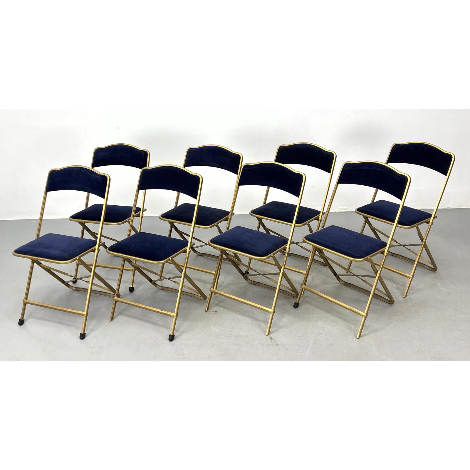 Set 8 A. FRITZ and Co Folding Chairs. Gold Tone Frames with Blue Velvet Seats. Label. (1 of 10)