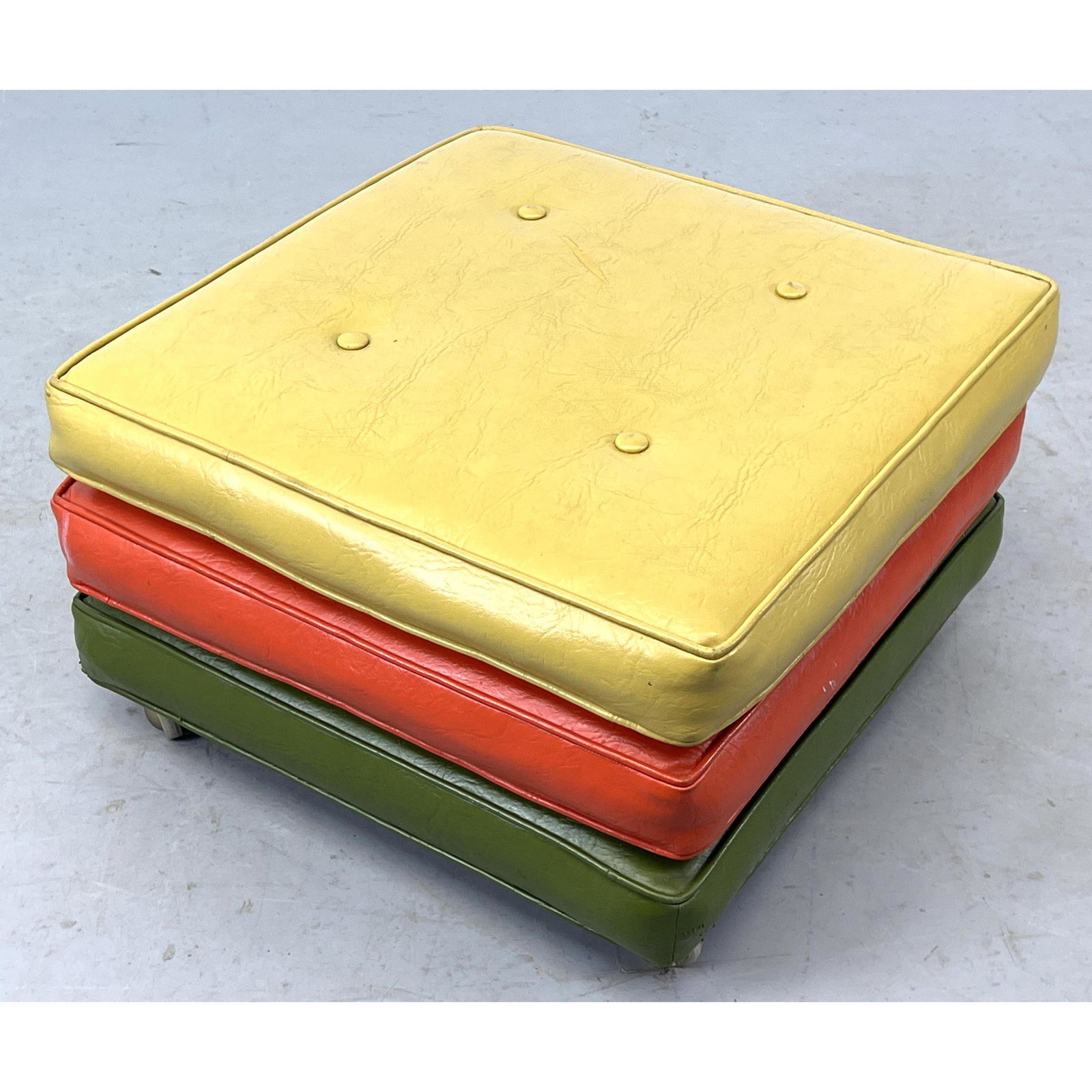 3 part stacking colorful vinyl cushions ottoman by throw pillow inc. labeled. (1 of 10)