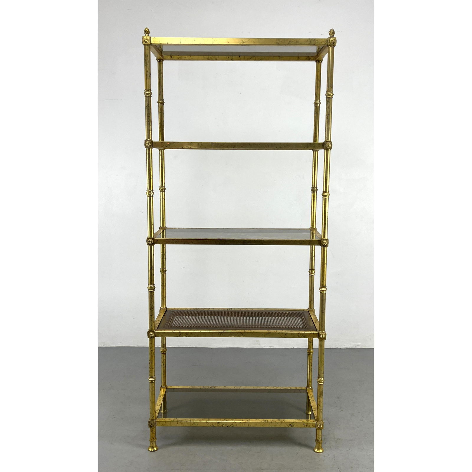 Decorator Gilt Metal Etagere with Glass and Cane Shelves. Apr 11