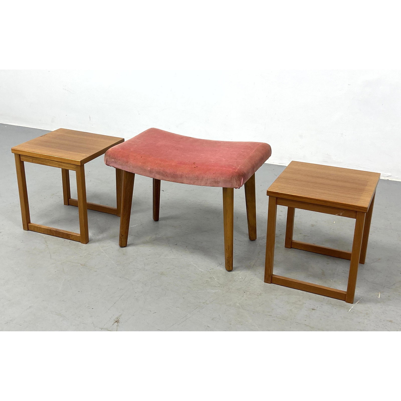 3pc Danish Teak Modern Small Furniture Lot. Two Teak Side Tables. Velvet Upholstered Bench Stool. (1 of 11)