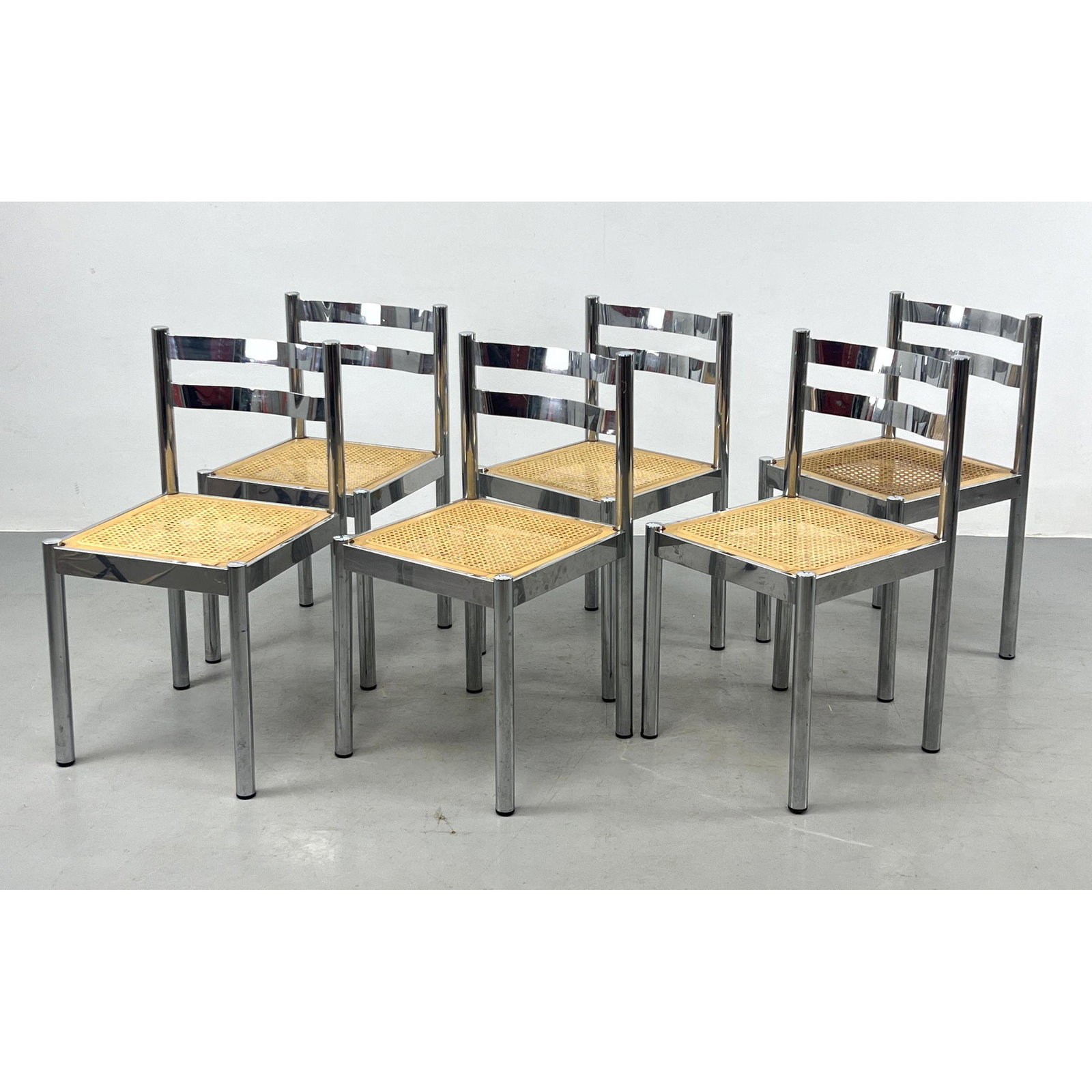 Set 6 Chrome Modernist Dining Chairs. Vico Magistretti Style. Bowed Slat Back Rests. Caned Seats. (1 of 10)