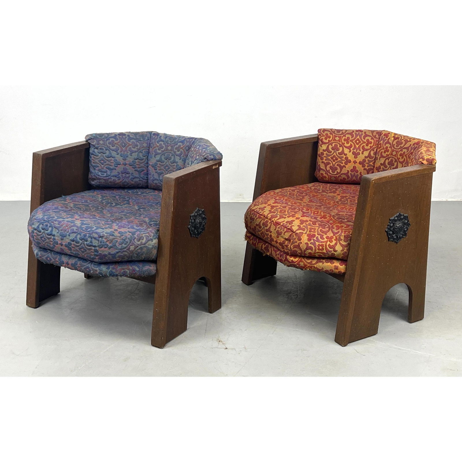 Pr Harvey Probber style Lounge Chairs. 5 Sided American Modern Walnut Frames with decorative metal m (1 of 15)
