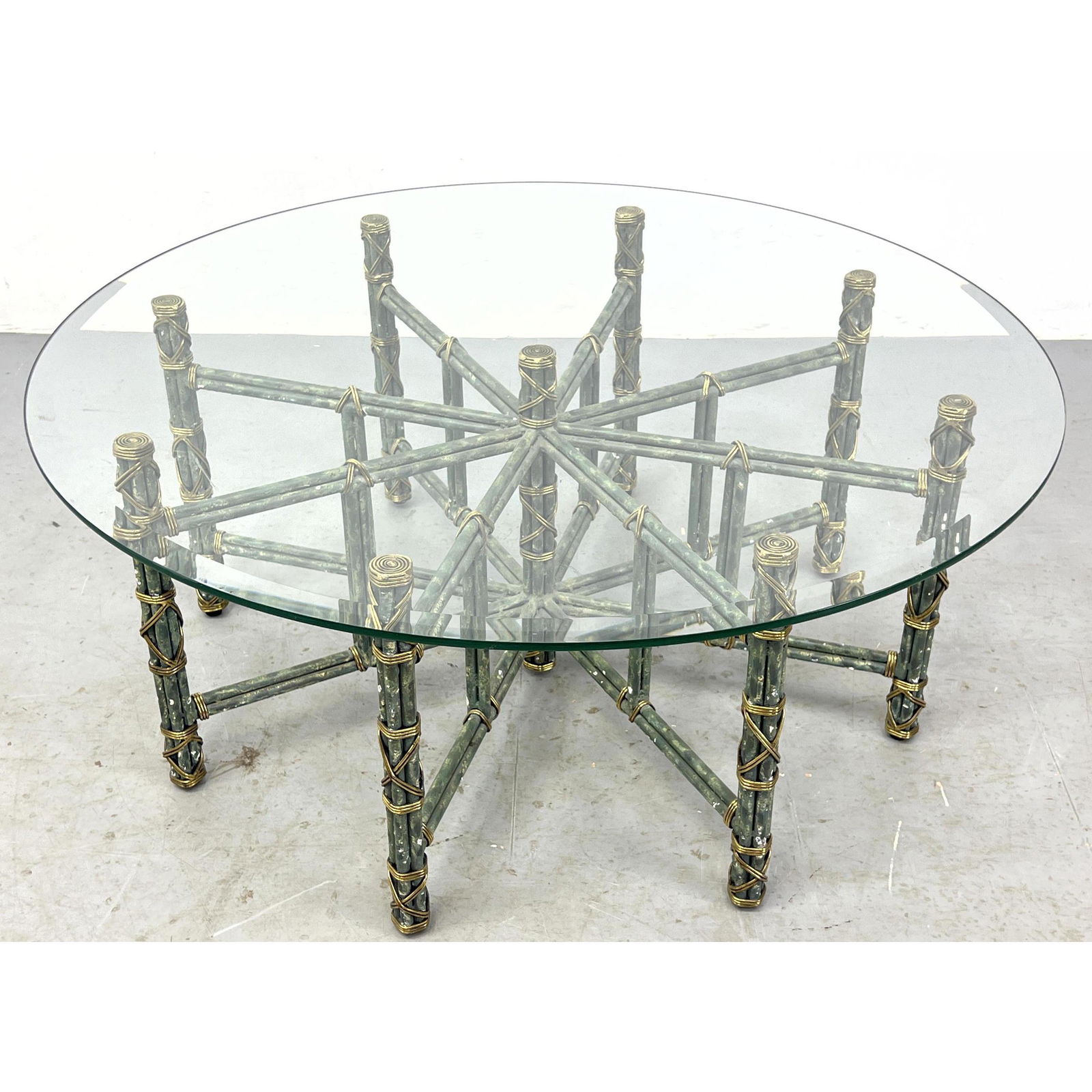 Designer 8 Legged Cocktail Table. Faux Metal Bamboo with Brass Wrapping. Round Glass Top. Base has b (1 of 6)