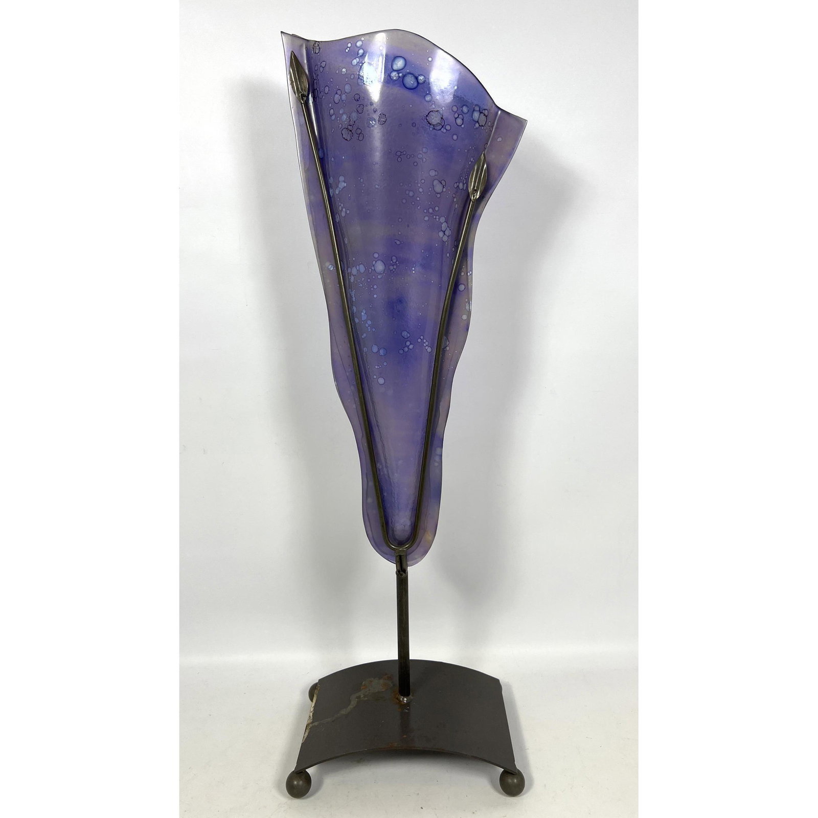 Blue Purple Glass Cone Vase in Custom Iron Mount Base.: Blue Purple Glass Cone Vase in Custom Iron Mount Base. Dimensions: H: 29 inches: W: 9 inches: D: 6 inches --- Delivery Offer: Uniques offers curbside delivery to NYC, Manhattan, Close Brooklyn, Hoboke