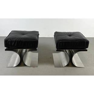 Pr Michel Boyer style Stainless Steel X Benches. Black Leather Upholstered Seat Stools. Stylish base: Pr Michel Boyer style Stainless Steel X Benches. Black Leather Upholstered Seat Stools. Stylish base. Heavy Stainless Frames. Dimensions: H: 13.5 inches: W: 19.5 inches: D: 19.75 inches --- Delivery O