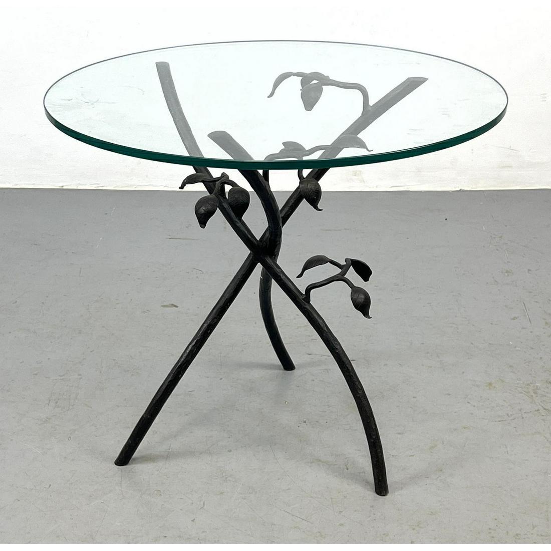 Giacometti inspired Figural Iron Side Table. Branch Design with Leaves; Round Glass Top. (1 of 8)