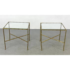 Pr MAISON BAGUES Brass Faux Bamboo Tables. Modernist side end tables. Inset glass tops. X stretchers (1 of 6)