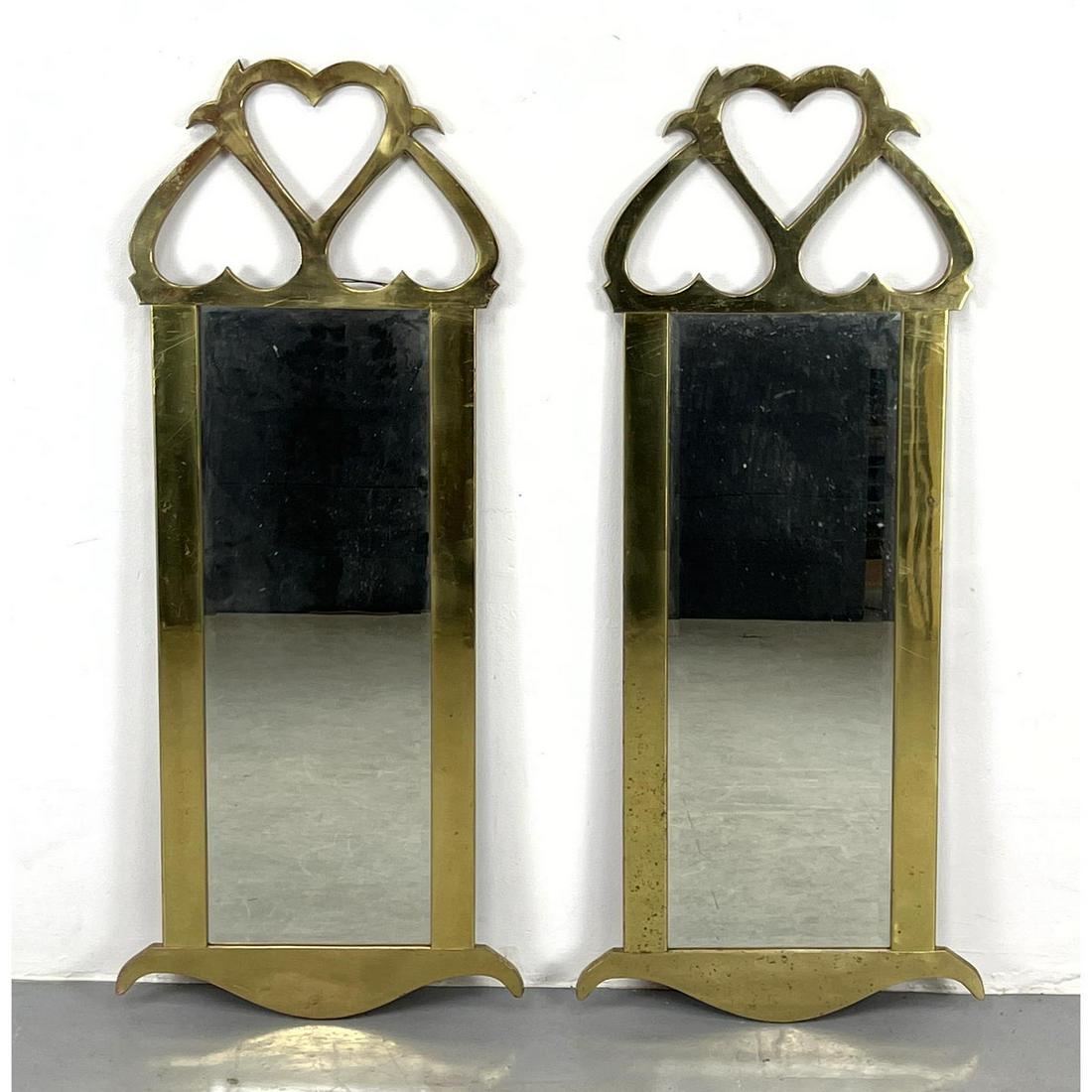 Pr Modernist Brass Framed Wall Mirrors. Inverted Heart motif crest. (1 of 9)