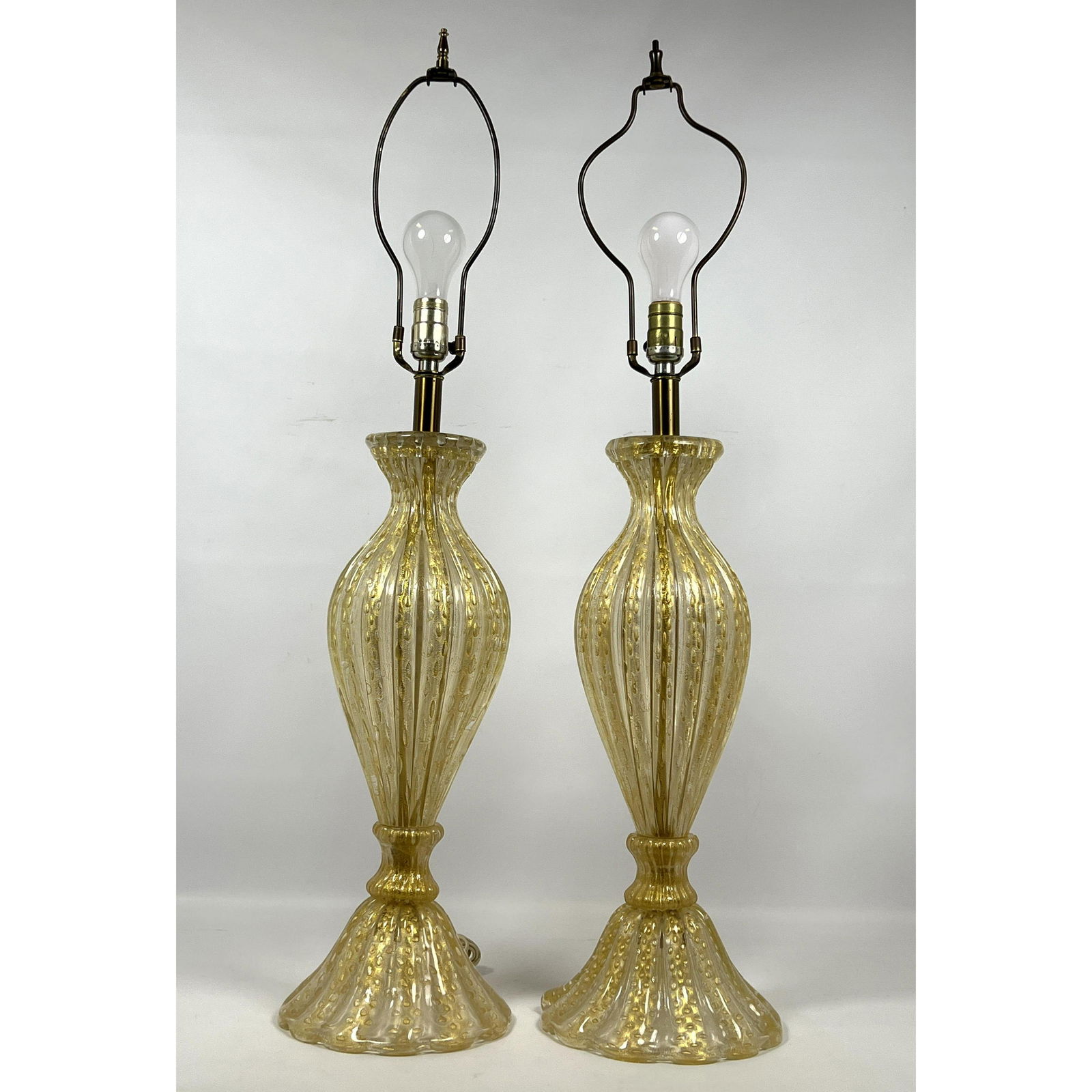 Pr Italian Murano Art Glass Table Lamps. Ribbed elements with interior gold foil. Elegant Lighting. (1 of 8)