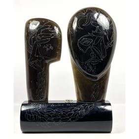 Large LOREDANO ROSIN Murano Art Glass Sculpture. Two Heads with Incised Designs. Signed EULISSE. Sig (1 of 10)