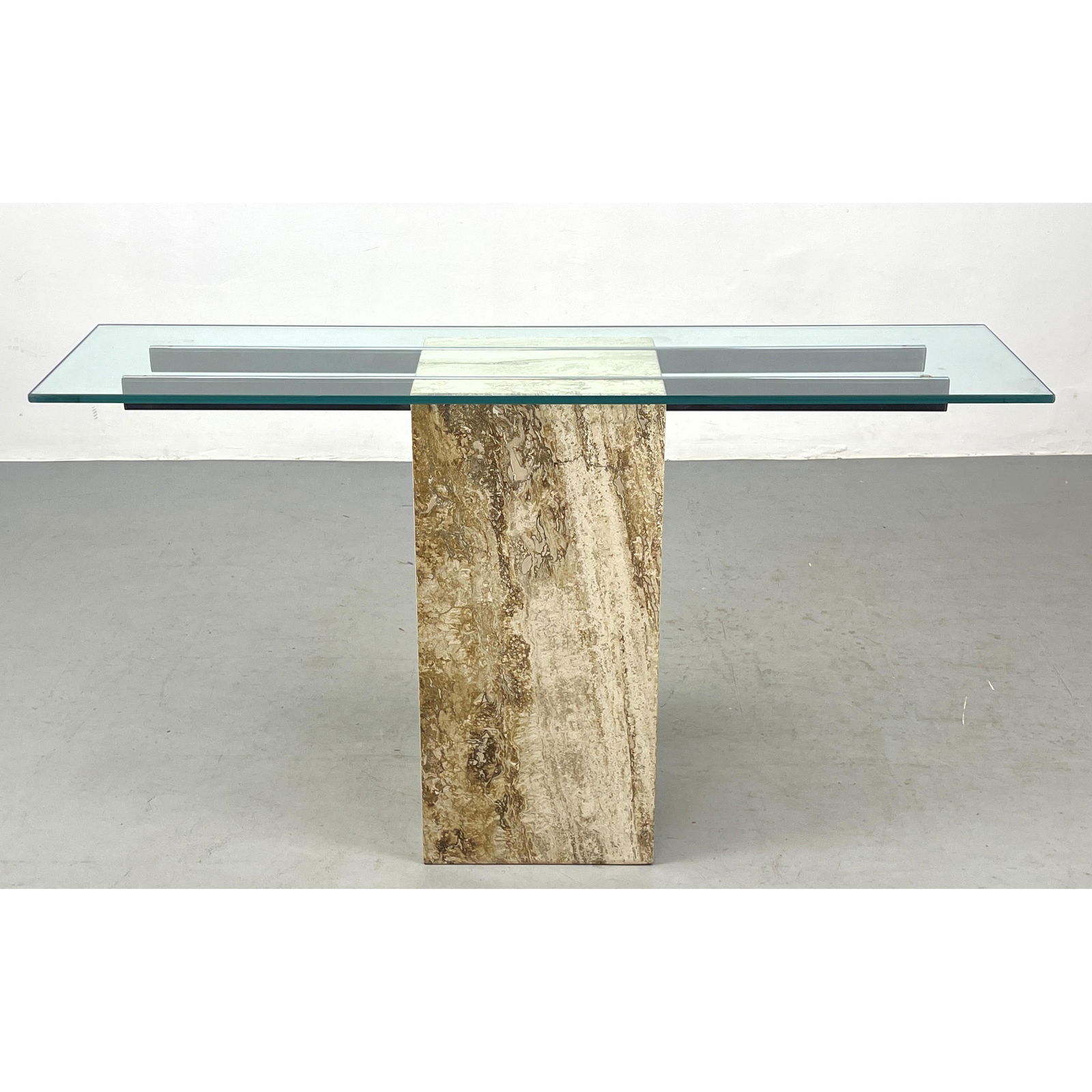 Travertine Pedestal, Glass Top Console Hall Table. Modernist Form with Chrome Support Arms. (1 of 9)