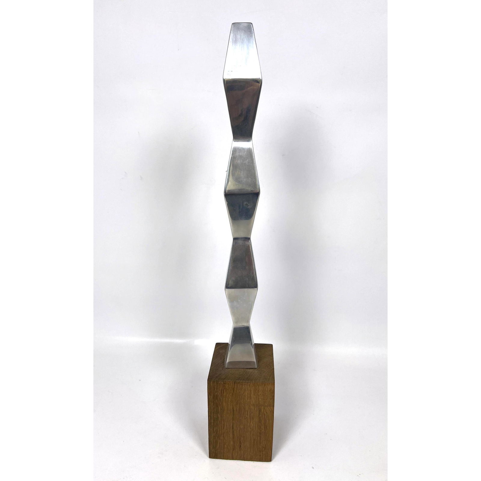 Modernist WEINBERG Abstract Aluminum Sculpture. Corseted forms on wood block base. Signed. Brancusi (1 of 7)