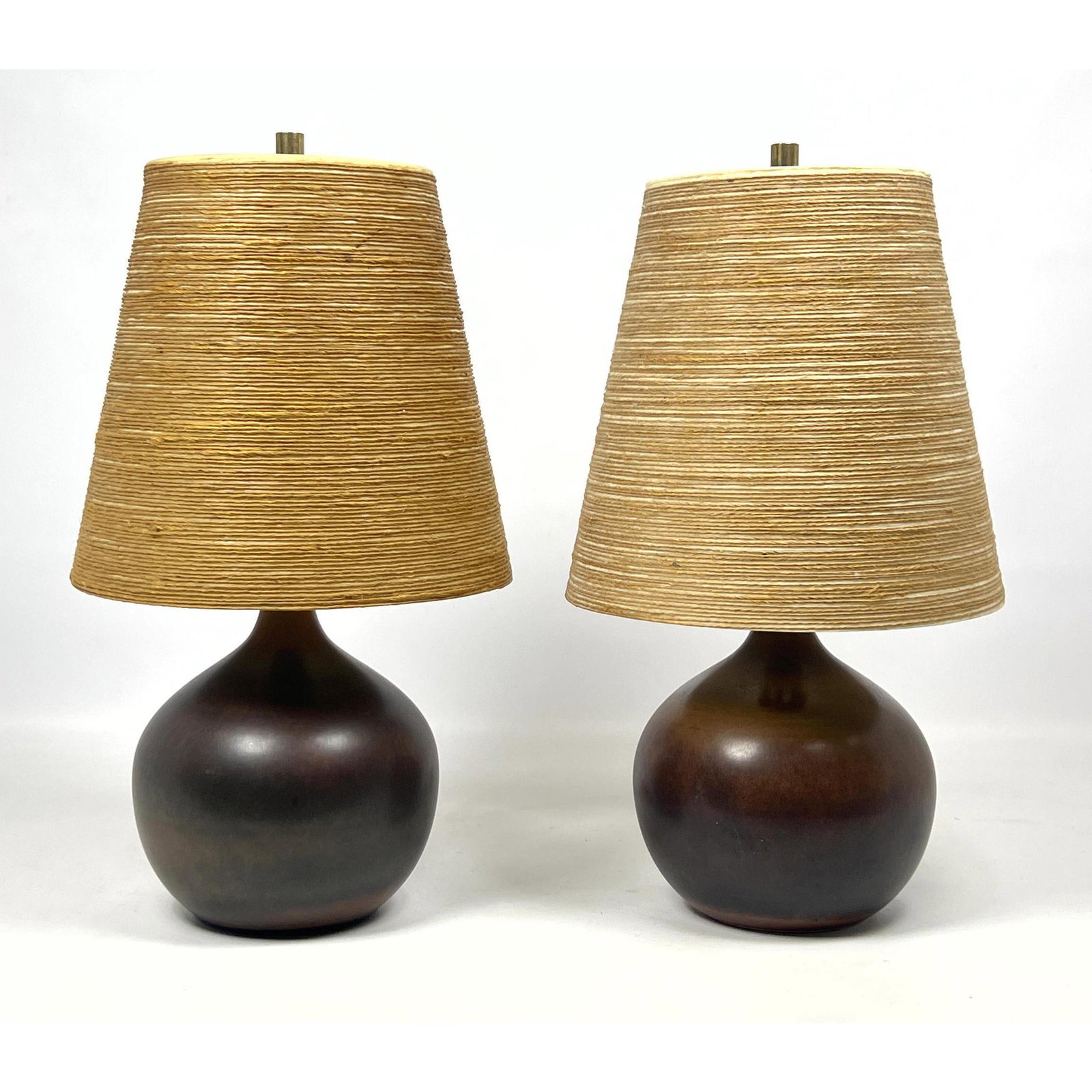 Pair of Mid Century Modern Lotte Bostlund Brown Glaze Ceramic Lamps with Original Shades: Pair of Mid Century Modern Lotte Bostlund Brown Glaze Ceramic Lamps with Original Shades Dimensions: H: 17 inches: W: 9.75 inches: D: 9.75 inches --- Delivery Offer: Uniques offers curbside delivery t
